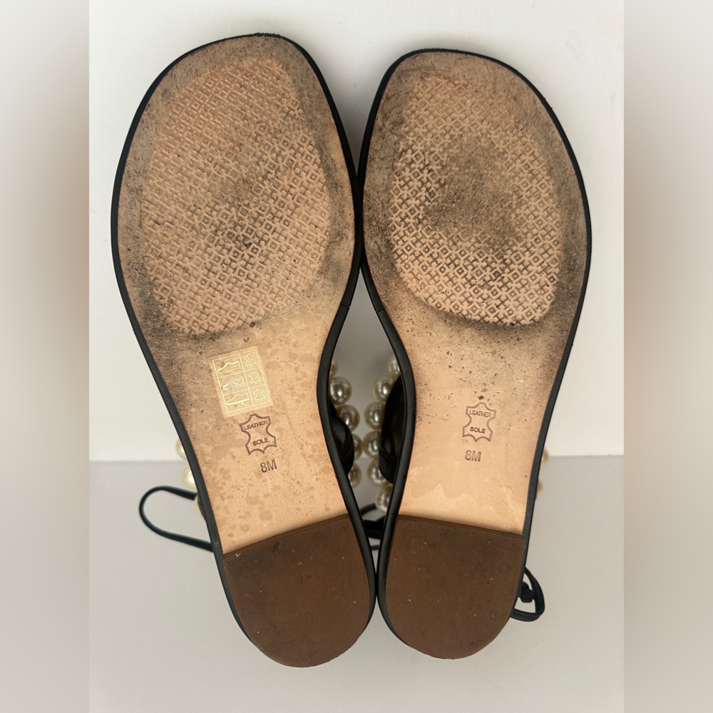 Tory Burch Melody black leather sandals gold-tone hardware pearl accents Sz 38 - Picture 7 of 11